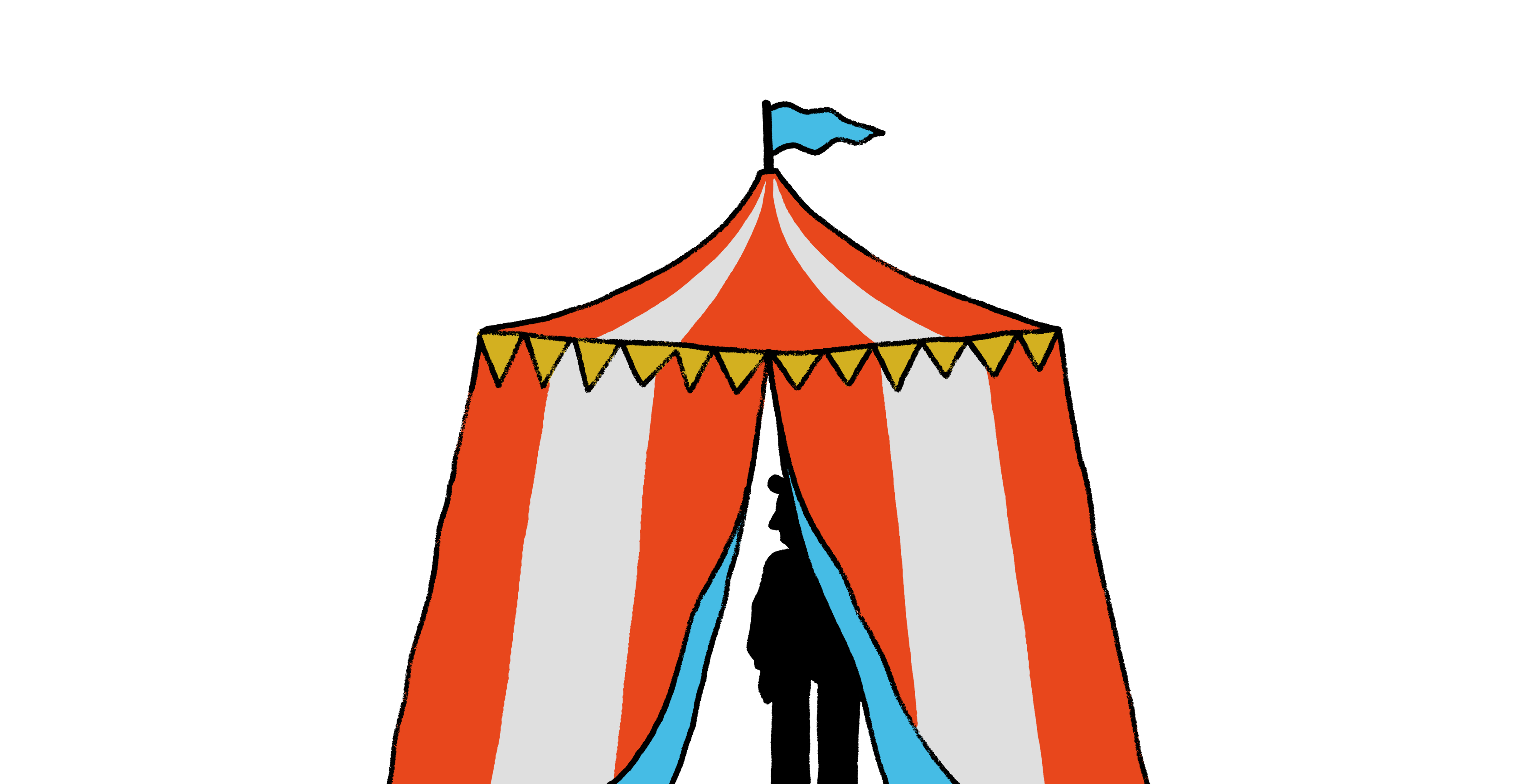 Illustration: Zirkuszelt. Silhouette eines Mannes ist hinter dem Zeltvorhang zu sehen.