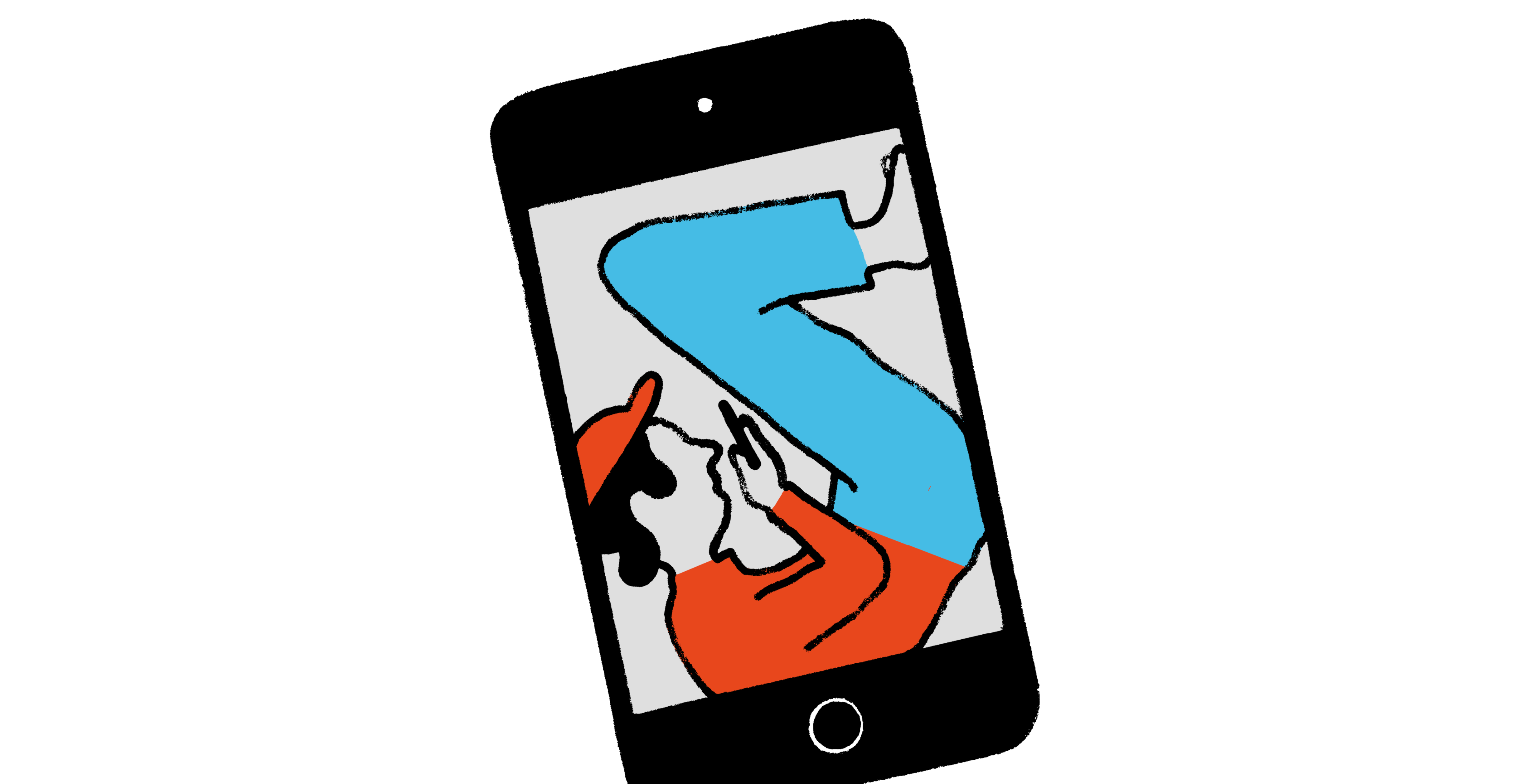 Illustration: Bild auf einem Handy: Junger Mann starrt ist in einem Mobiltelefon gefangen und starrt dabei auf sein Handyn