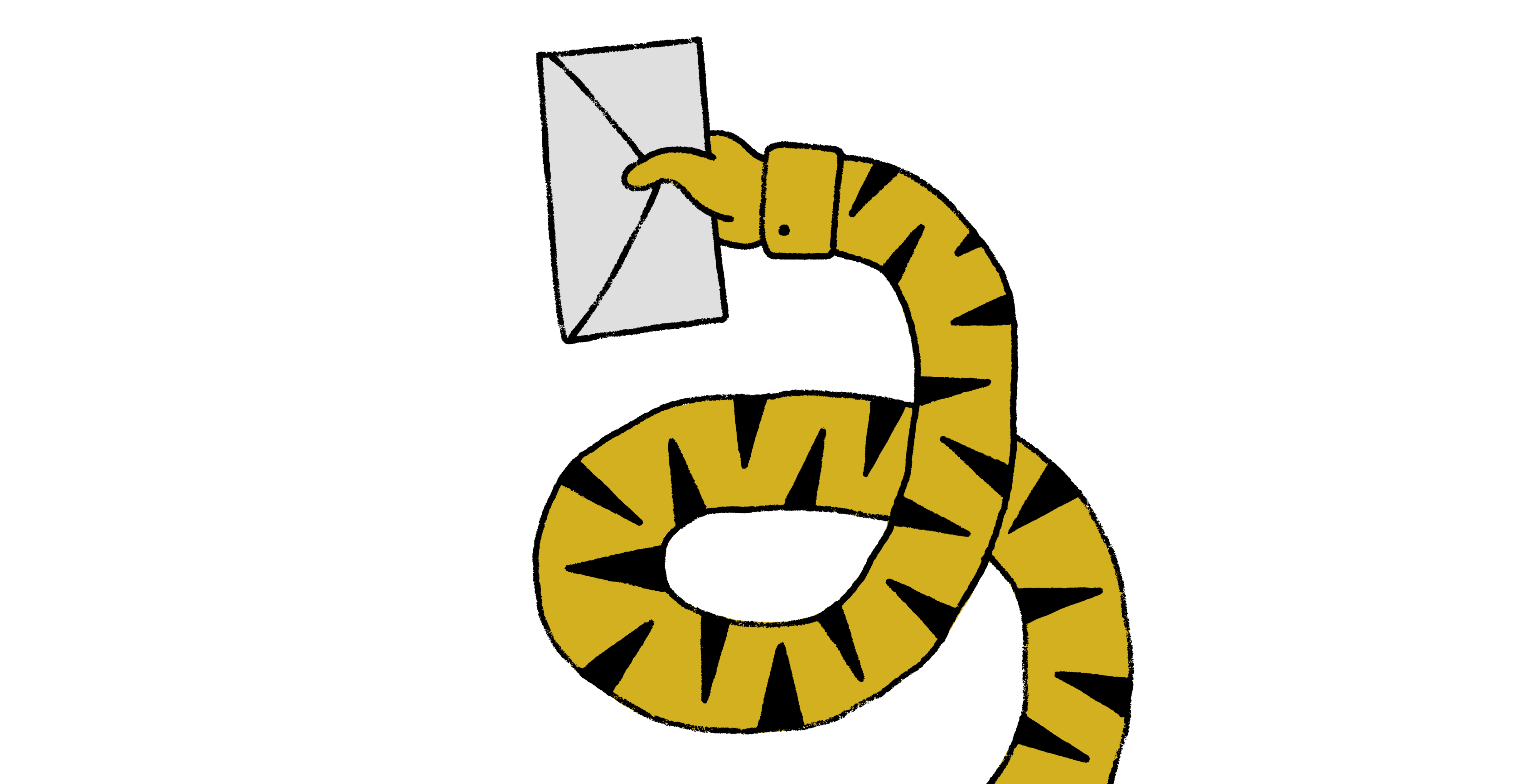 Illustration: Verschlungener Tigerschwanz endet in einer Hand, die einen Brief bringt.